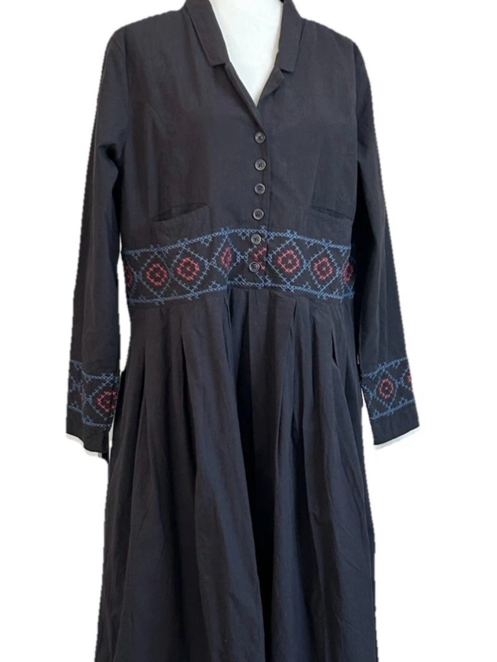 Ewa i Walla Charcoal Black Cotton Dress w/ Cross Stitch Embroidery